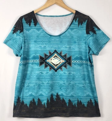 Top XL para mujer verde azulado suroeste diseño exterior mangas cortas colorido informal elegante Foto 1 de 4