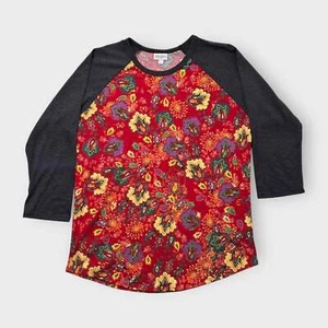 LuLaRoe Randy Baseball Tee L (12-14) Red/Yellow Paisley Floral Charcoal Gray Sle - Picture 1 of 5