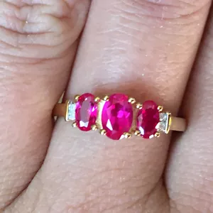 10k Yellow Gold Lab Created Ruby Three Stone Wedding Engagement Ring - Picture 1 of 9