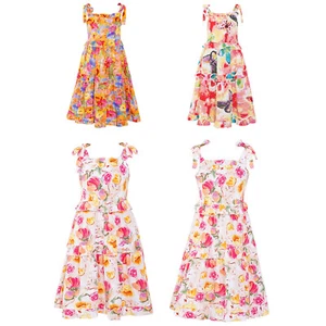 Kids Girls Dress Midi Ruffles Cute A-Line Holiday Casual Boho Self-Tie Summer - Picture 1 of 26