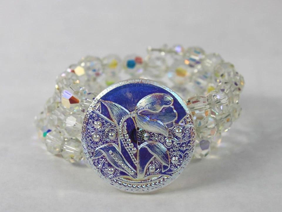 Pulsera Botón Cristal Aurora Borealis y Vidrio Checo Hecha a Mano ÚNICA EN SU CLASE Artesana Foto 1 de 4