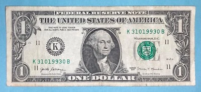 March 10, 1993 Birthday Note $1 One Dollar Bill K 31019930 B ( 3 / 10 / 1993 _) - Image 1 of 2