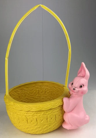 Vintage Plastic Easter Basket With Pink Bunny Rabbit Blow Mold Yellow Cover