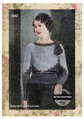 1930s Lace Striped Sweater Knitting Pattern Bust 34 - Image 1 of 2