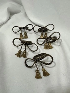 Set of 5 Vintage Twisted Rope Coiled Brass Tassel Tied into Bow Napkin Rings - Picture 1 of 3