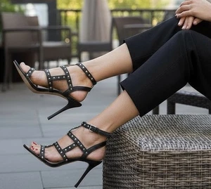 IVANKA TRUMP 8 Black Leather Strappy Heels Silver Spikes Studs R $169 - Picture 1 of 14