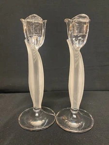 2 Nachtmann 24% Crystal Clear Frosted Tulip Candle Taper Holders Germany - Picture 1 of 9