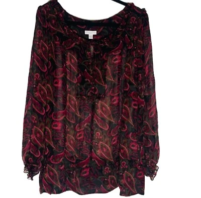Charter Club Plus Size 22W Sheer Peasant Style Burgundy Floral Blouse Tunic Top - Image 1 of 4