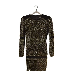 XSCAPE $220 Black Long Sleeve Gold Bead Embellished Bodycon Mini Dress Size 2 - Picture 1 of 4