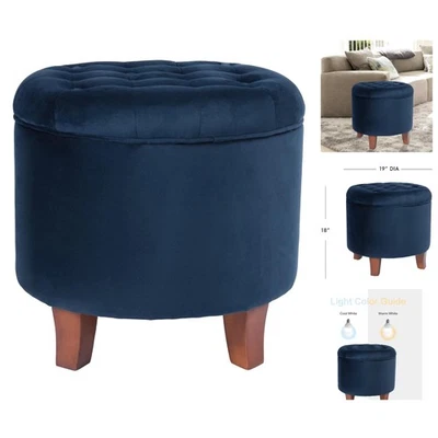 Navy Velvet Round Tufted Ottoman with Wood Legs - Perfect Foot Rest & Storage - Image 1 of 4
