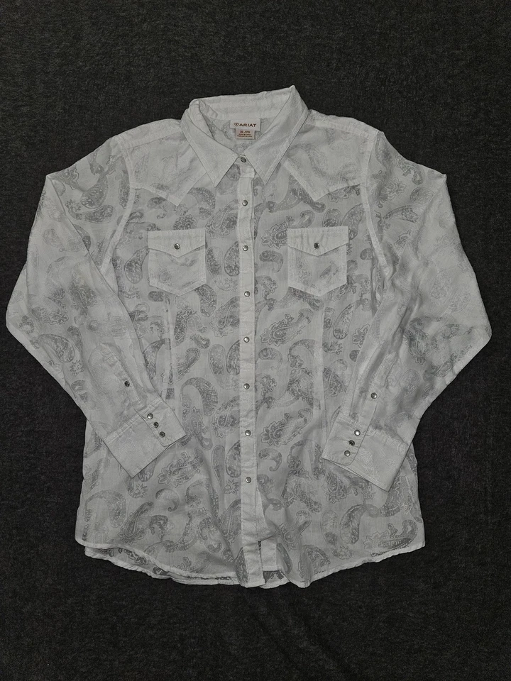 Рубашка женская Ariat XL белая с узором пейсли вестерн чистый жемчуг застежка топ блузка ковбойская - Изображение 1 из 4