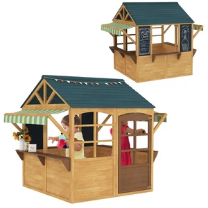 Kinderspielhaus aus Tannenholz, Faltbares Häuschen mit Fenstern, Tür, Braun+Blau - Bild 1 von 10