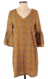 BELONGSCI Womens Gold Floral NWT Medium Floral Layered V-Neck Bell Sleeve Dress - Picture 1 of 9