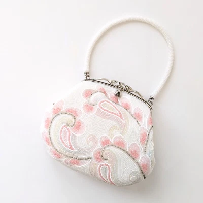 Bolso de noche japonés vintage con cuentas para kimono blanco, patrón rosa cachemir Foto 1 de 4