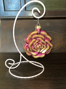 Beautiful Glass Burgundy 4 Inch Rose Ornament With Gold Glitter Trim - Picture 1 of 7