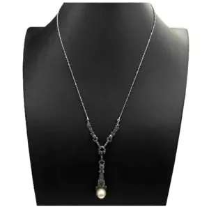 COLLANA VINTAGE PENDENTE ARGENTO BRUNITO 925 CON PERLA E MARCASITI MADE IN ITALY - Foto 1 di 16