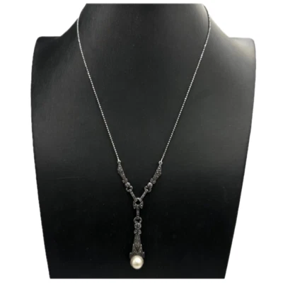Collana vintage pendente argento brunito 925 con perla e marcasiti Made in Italy - Immagine 1 di 4