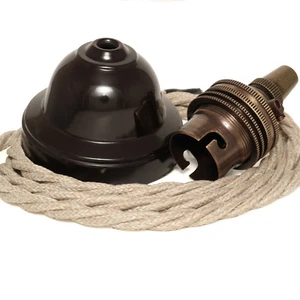 Brown Bakelite Ceiling Pendant Kit & Antiqued B22 Bulb Holder with 1M Linen Flex - Picture 1 of 7