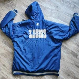 Vintage Starter NFL Detroit Lions Jacket L Blue Hooded 90s Retro Thrashed FLAWS - Picture 1 of 22
