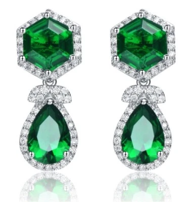Elegant Classic Wedding 4.60TCW Multi Cut Simulated Emerald & Sapphire Earrings - Image 1 of 4