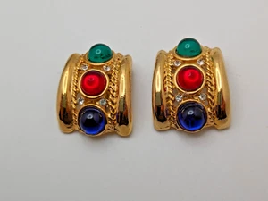 Vintage Blue Red Green Cabochons Shoe Clips Gold Tone unsigned Collar Clips - Picture 1 of 7