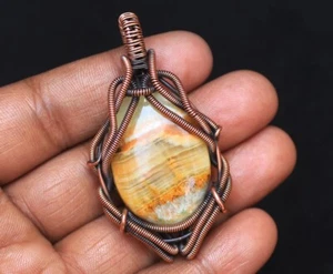 Lemon Less Agate Gemstone Gift Copper Pendant Wire Wrap Gemstone Jewelry N432 - Picture 1 of 16
