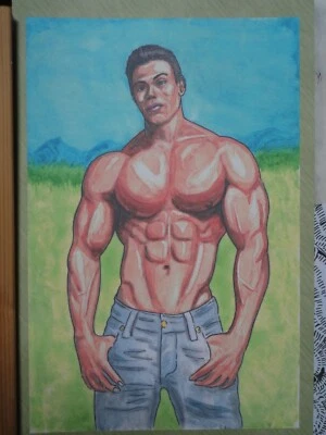 Figura masculina pintura tinta gouache artista Jerome Cadd acuarela "Pool Boy" Foto 1 de 4