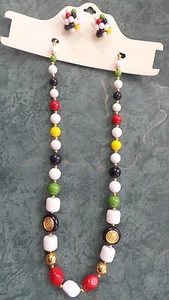 Vtg Liz Claiborne Necklace & Earrings Red Wht Blue Green Summer Marked LC NOS  - Picture 1 of 12