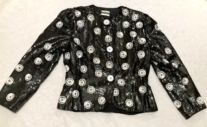 Vintage Bill Blass Neiman Marcus Gr. 8 weiß Knopf schwarz Pailletten Jacke 1986 selten - Bild 1 von 9