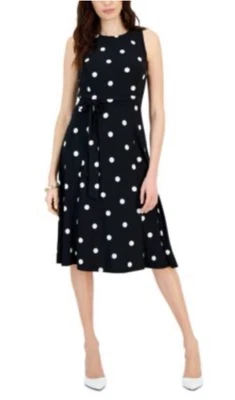 Vestido Kasper Midi Línea A 10 Negro Blanco Lunares Elastizado Sin Mangas Clásico Foto 1 de 4