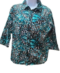 Womens Petite L Button Up Top 100% Cotton 3/4 Sleeve Multicolor Shirt - Picture 1 of 12