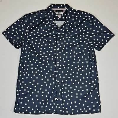 👔Tommy Hilfiger Polka Dot Navy Blue XL Cotton Linen Button Front Shirt Men's - Image 1 of 4