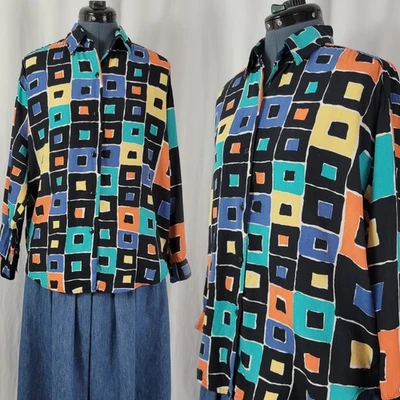 Top de gran tamaño Esprit vintage en negro con cuadrados azules/naranja/amarillo/turques talla S Foto 1 de 4