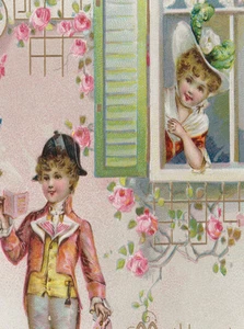 Victorian Girl Beautiful Hat Boy Roses Valentine Postcard - Picture 1 of 3