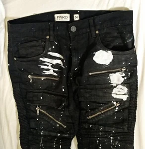 FWRD DENIM MEN'S BLACK SPLASHED PAINT SLIM MOTO JEANS SIZE 34 X 33 - Picture 1 of 12