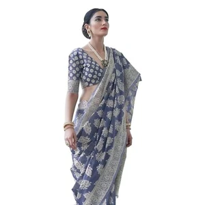Women's Lucknowi Chikankari Linen cotton Woven Sarees For Women with Blouse sare - Picture 1 of 22
