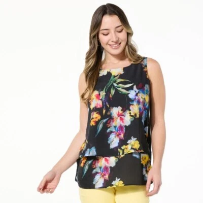 Camiseta sin mangas DG2 Diane Gilman impresa combo fácil talla 2X negra pop floral boho NUEVA Foto 1 de 4