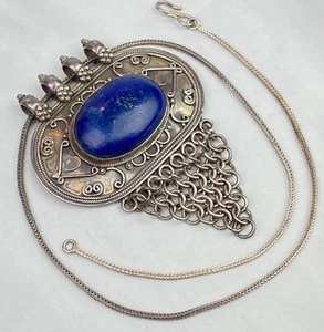 STERLING SILVER Heavy Pendant Necklace Dark Blue Stone 58g - Picture 1 of 10