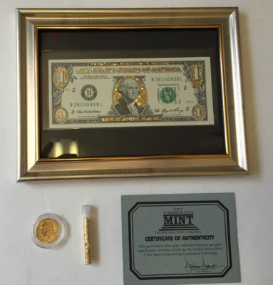 22K Gold $100 Dollar Framed Bill, Hologram Colorized,  GP Quarter + Flakes W Coa - Image 1 of 3
