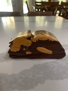Daniel Terrico Sleeping Cat Pet Puzzle Box Hand Carved Exotic Hardwoods 7.25" - Picture 1 of 7