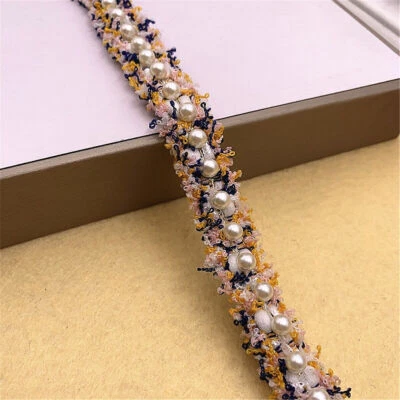 Embroidered Pearl Beaded Lace Trim Fragrant Ribbon Clothing DIY Sewing Fabric - Image 1 of 4