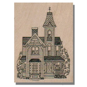 Sello de goma montado, casa victoriana alta, árbol, hogar, antiguo, edificio, ventana, puerta - Imagen 1 de 2