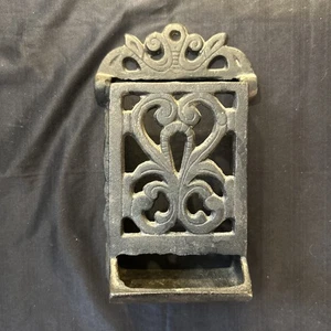Vintage Farmhouse Match Stick/Box Holder Black Cast Iron Scrolled Wall Mount - Picture 1 of 10