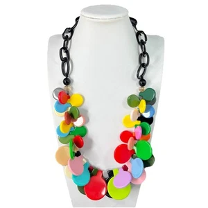 Chunky Beaded Necklace Black Lucite Chain Multicolor Tabs Post Modern Statement - Picture 1 of 8