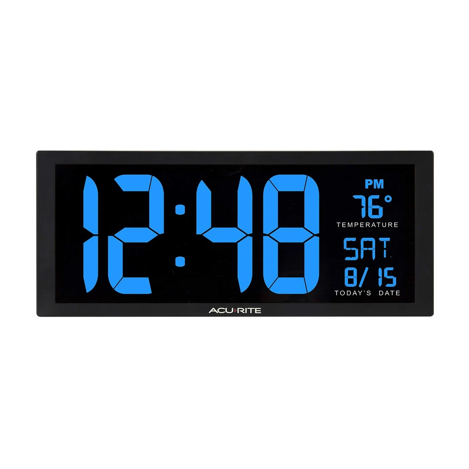 AcuRite 75152M Oversized Blue LED Clock With Indoor Temperature Date and Stand
