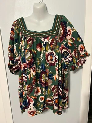 Blusa Style&co verde floral gola quadrada múltipla com manga curta plus 3X nova com etiquetas - Imagem 1 de 3