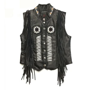 Western World by Shaf Women’s Fringe and Beaded Black Leather Vest - Picture 1 of 2