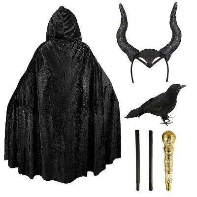LADIES EVIL WITCH MALEFICENT COSTUME HALLOWEEN FAIRYTALE COSTUME CAPE HORNS CANE - Image 1 of 4