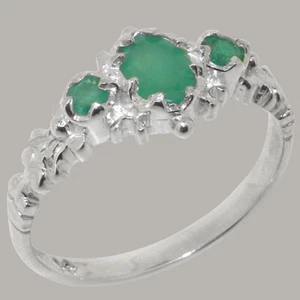 Solid 9ct White Gold Natural Emerald Womens Trilogy Ring - Picture 1 of 5