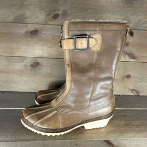 sorel slimpack womnes size 7 shoes brown leather sherpa lined comfort snow boots - Picture 1 of 9